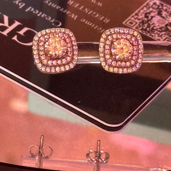 Moissanite One Carat Pink and White Square Studs in Sterling Silver S925 GRACert - Picture 2 of 11